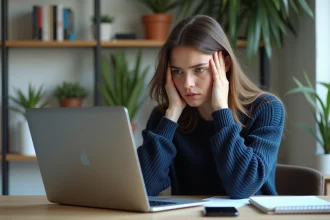 Jeune femme concentrée travaillant sur son ordinateur dans un bureau moderne