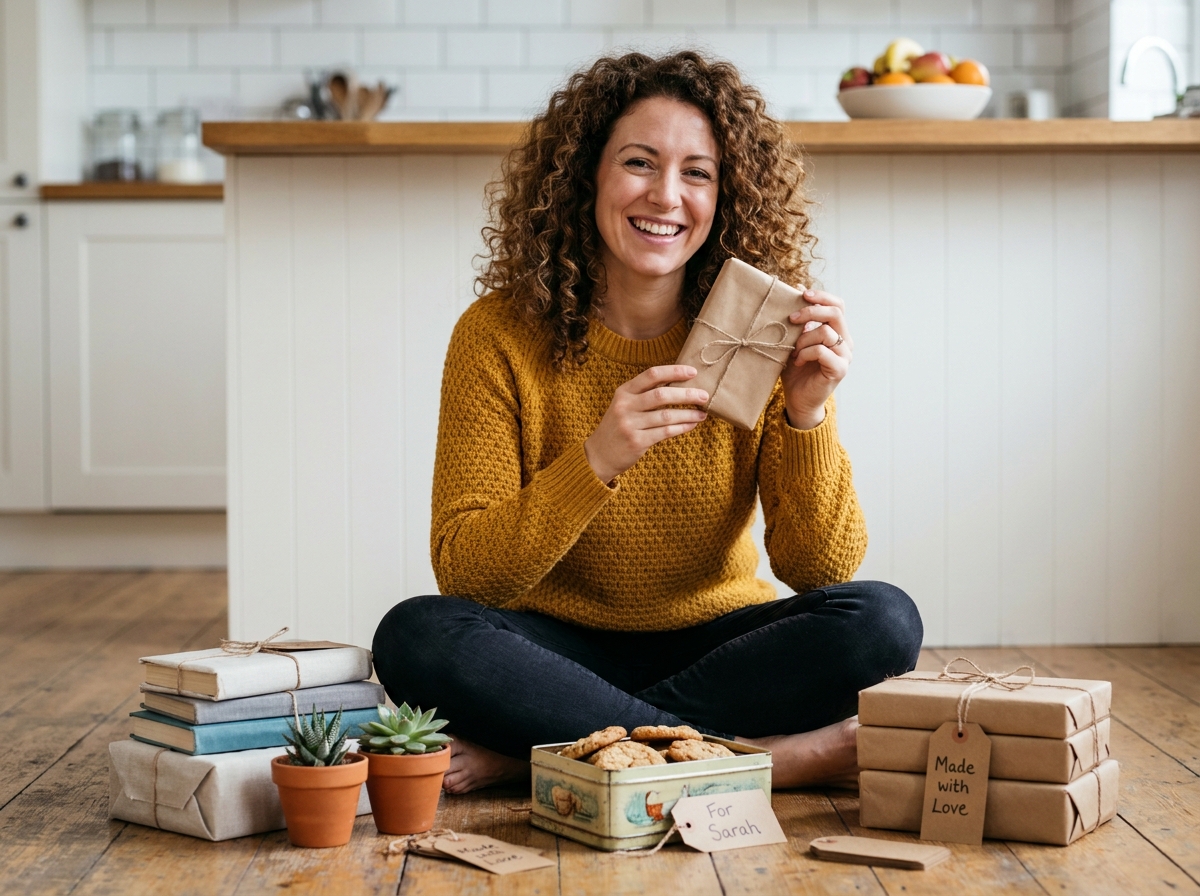 Femme souriante entourée de cadeaux faits maison et économiques sur un parquet en bois