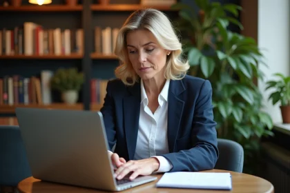 Femme concentr&eacute;e travaillant au caf&eacute; avec ordinateur et carnet