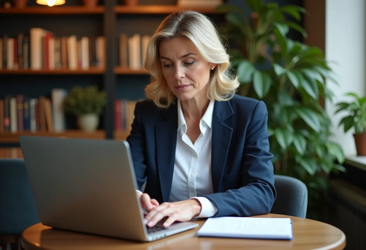 Femme concentrée travaillant au café avec ordinateur et carnet
