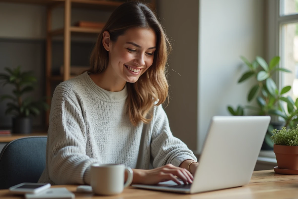 Jeune femme découvrant un code promo The Bradery sur son ordinateur portable dans un bureau cosy