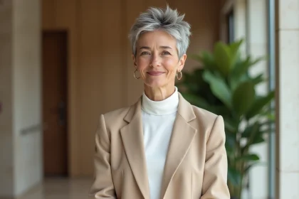 Femme &eacute;l&eacute;gante en blazer beige dans un int&eacute;rieur moderne