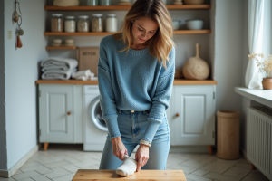 Femme étirant des chaussettes en laine sur un bloqueur en bois