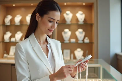 Femme inspectant des perles dans une bijouterie moderne