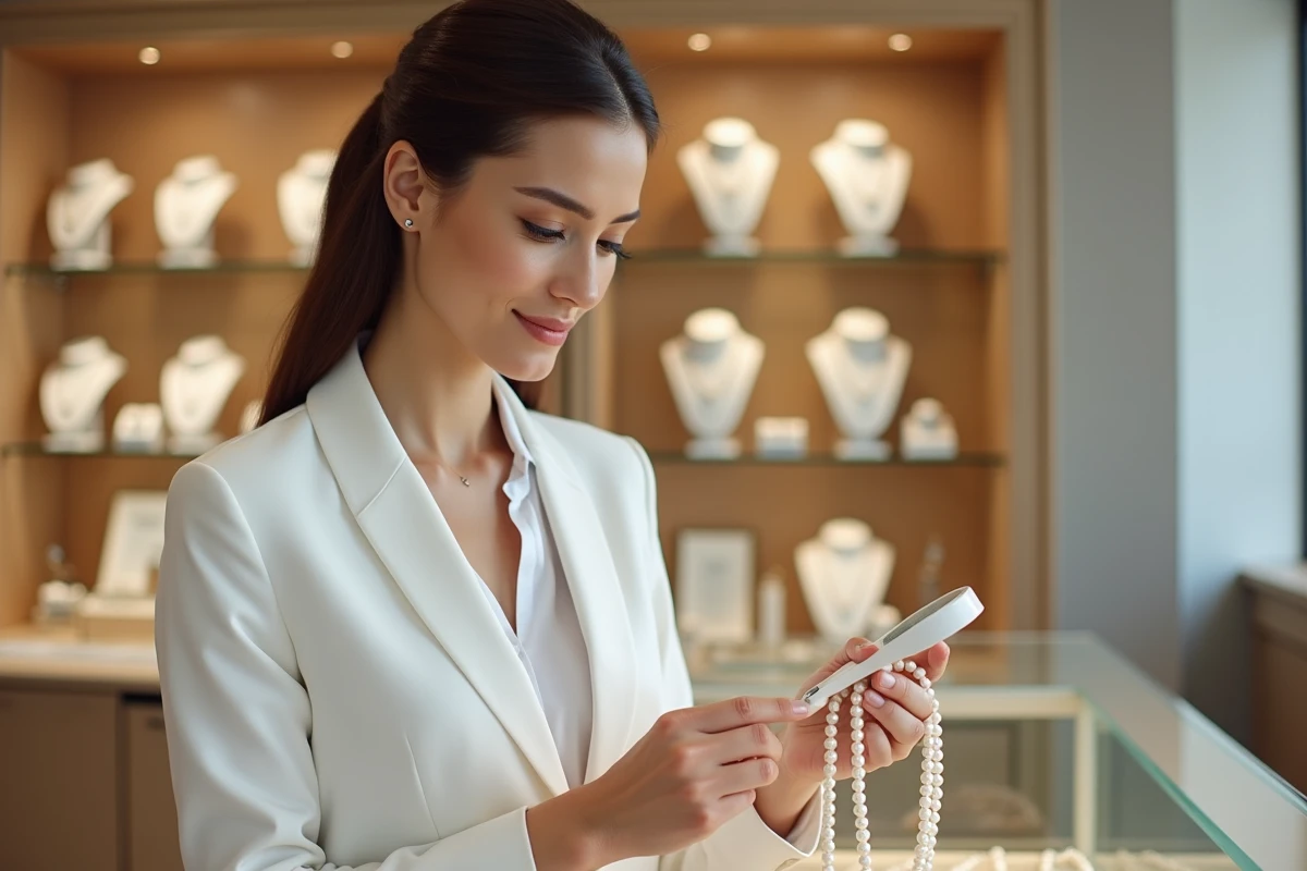 Femme inspectant des perles dans une bijouterie moderne