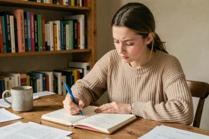 Jeune femme concentrée écrivant dans un cahier lors d'un exercice de grammaire française sur ou/où