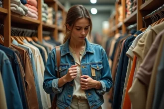 Femme inspectant une veste en jean vintage dans une friperie, évaluant la qualité du tissu avant achat