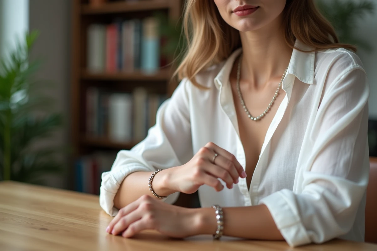 Femme portant bracelet et collier en intérieur cosy