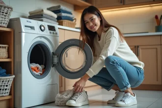 Jeune femme chargeant une machine à laver dans une buanderie moderne