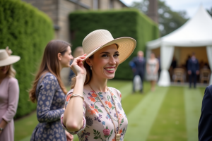 Femme élégante ajustant son chapeau lors d'un mariage en extérieur