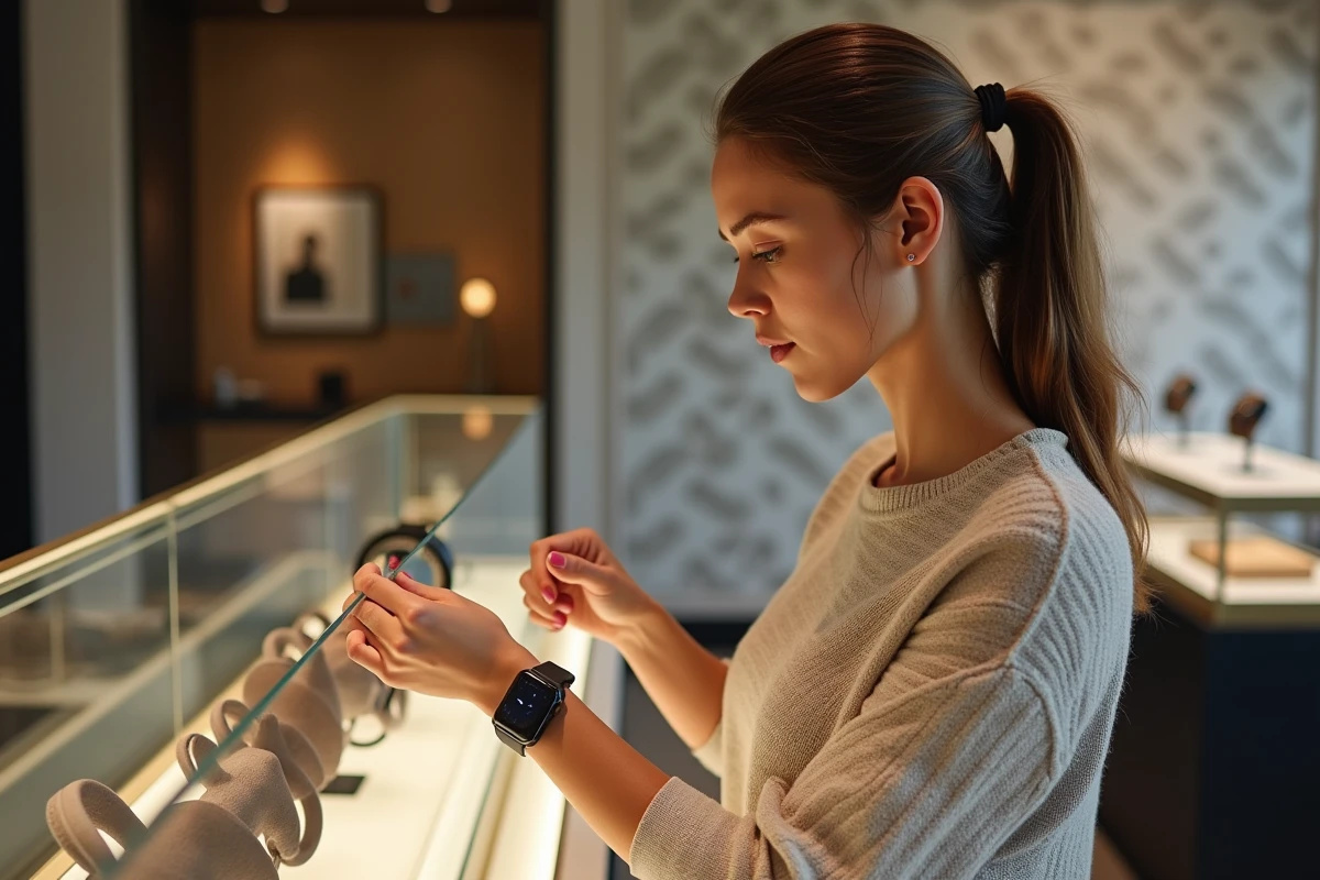 Jeune femme mesurant une montre dans une boutique élégante