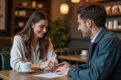 Jeune femme mesurant discr&egrave;tement l'anneau d'un homme au caf&eacute;
