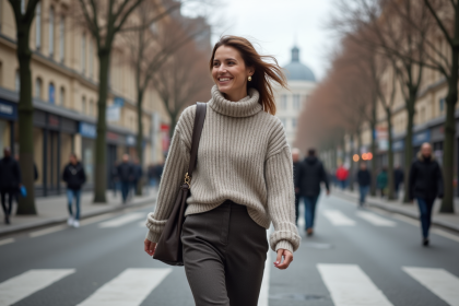 Femme élégante en pantalon laine en ville en hiver