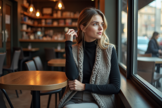 Femme élégante dans un café parisien en hiver