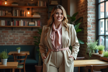 Femme confiante en blazer et foulard dans un café moderne