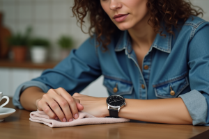 Femme nettoyant délicatement une montre au domicile