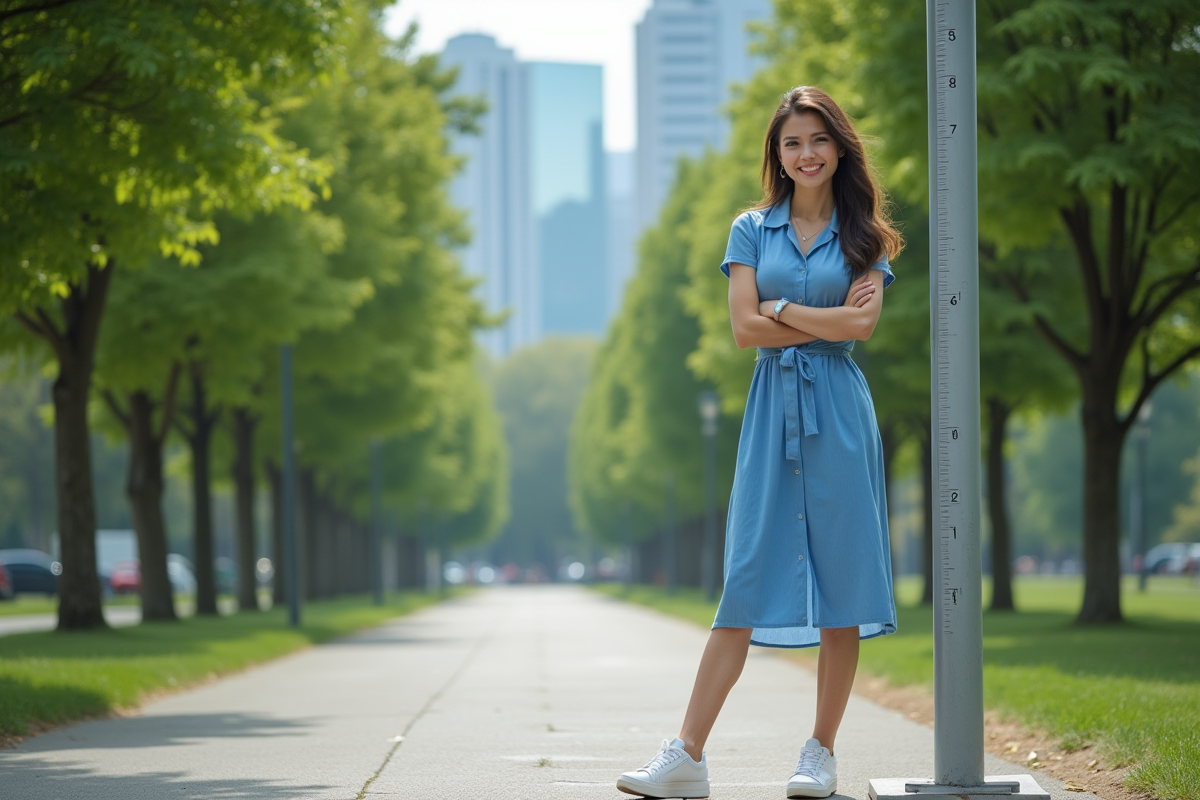 Femme en robe bleue dans un parc urbain avec un mètre
