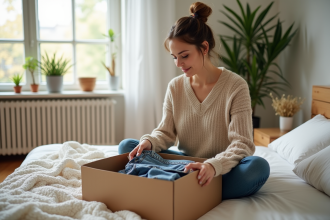 Femme plie des vêtements dans une chambre lumineuse