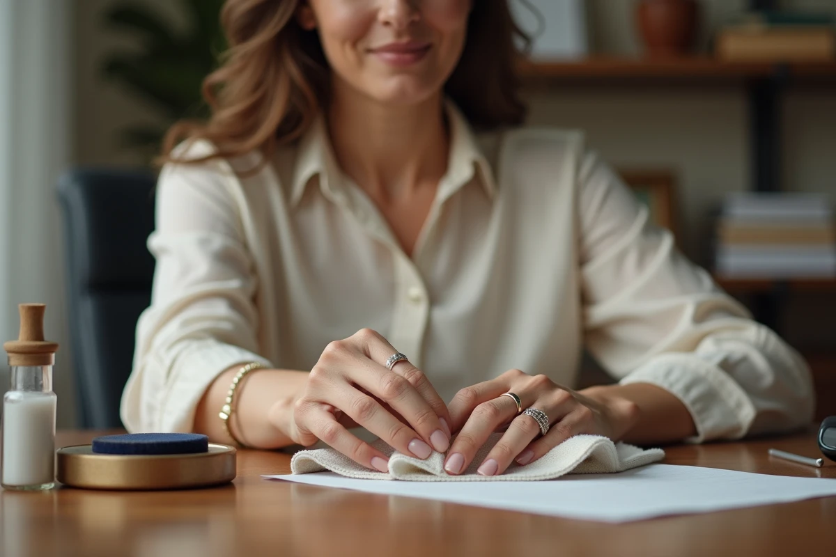 Femme entretenant sa chevalière or blanc avec un chiffon microfibre sur bureau en bois