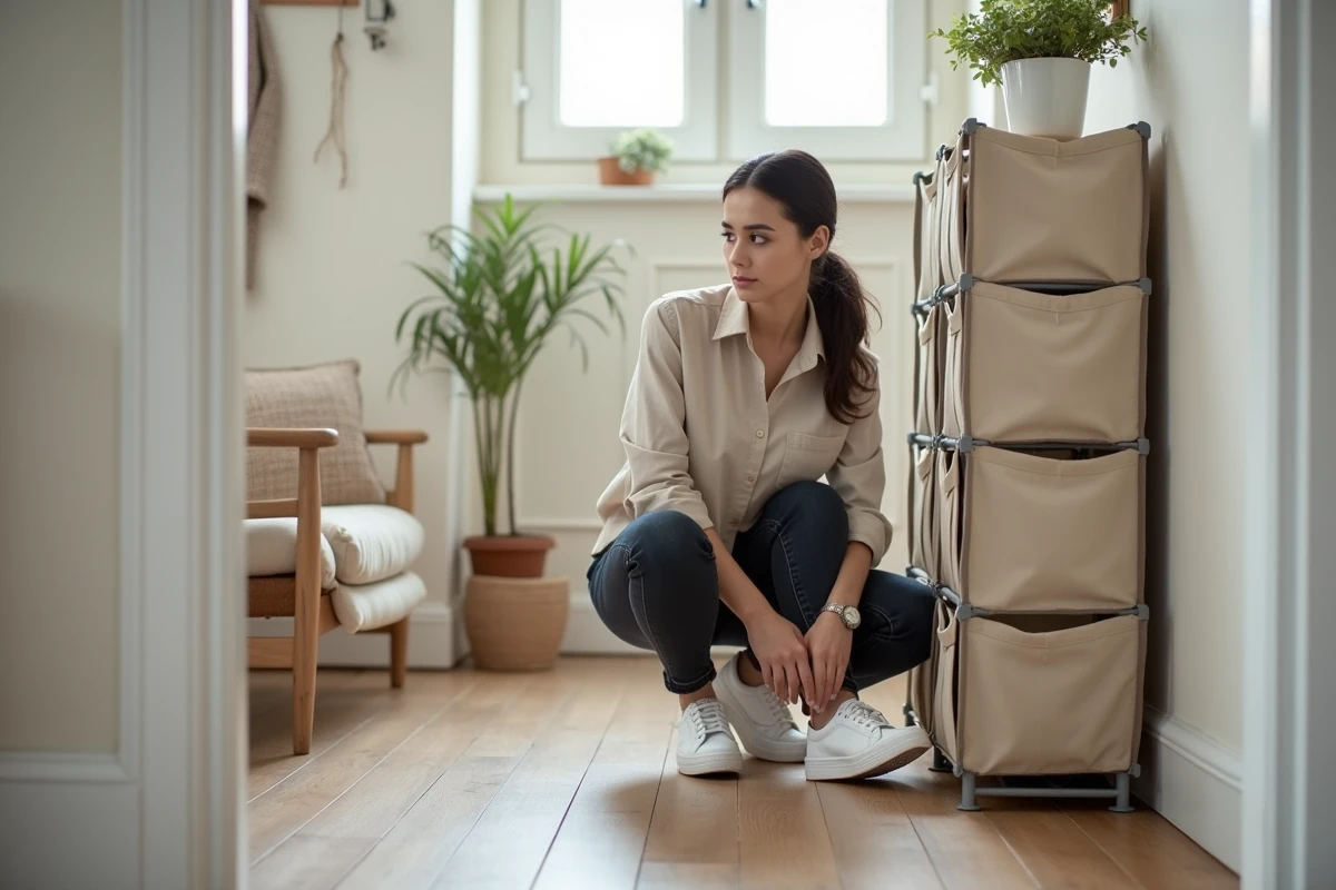 Femme rangeant ses chaussures dans un meuble de rangement en toile dans l'entrée d'un appartement en location saisonnière