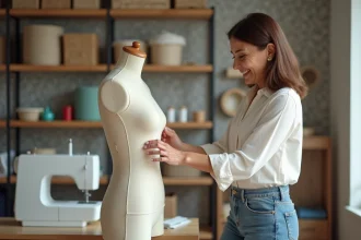 Femme ajustant un mannequin de couture dans un atelier lumineux