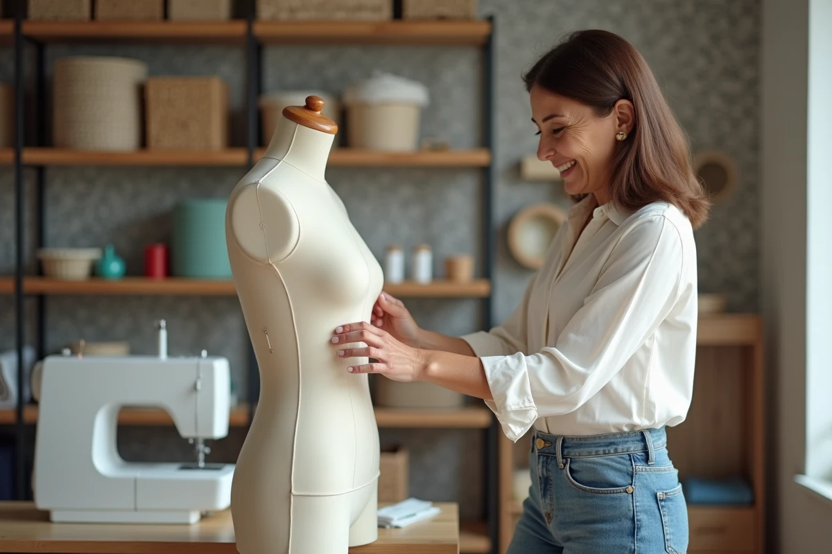 Femme ajustant un mannequin de couture dans un atelier lumineux