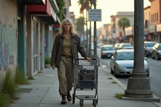 Femme sans-abri poussant un caddie dans une rue de Los Angeles, illustrant la précarité et la vie dans la rue