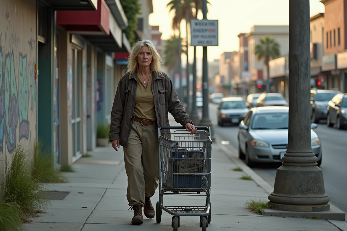 Femme sans-abri poussant un caddie dans une rue de Los Angeles, illustrant la précarité et la vie dans la rue