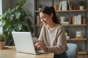 Jeune femme utilisant un ordinateur pour faire du shopping en ligne