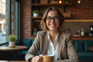 Femme souriante en bureau avec lunettes rondes