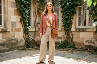 Femme en tenue hippie chic mêlant blazer classique et blouse florale bohème dans une cour parisienne en pierre