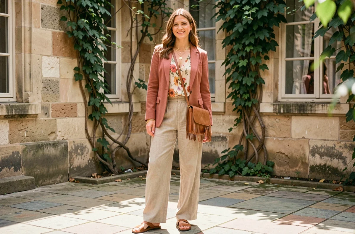 Femme en tenue hippie chic mêlant blazer classique et blouse florale bohème dans une cour parisienne en pierre