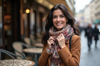 Femme élégante ajustant une echarpe à Paris