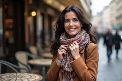 Femme élégante ajustant une echarpe à Paris