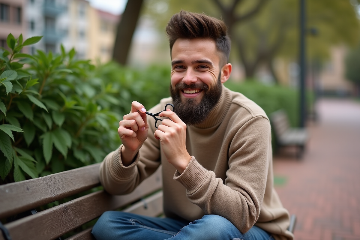 Jeune femme avec barbe en train de se raser dans un parc urbain