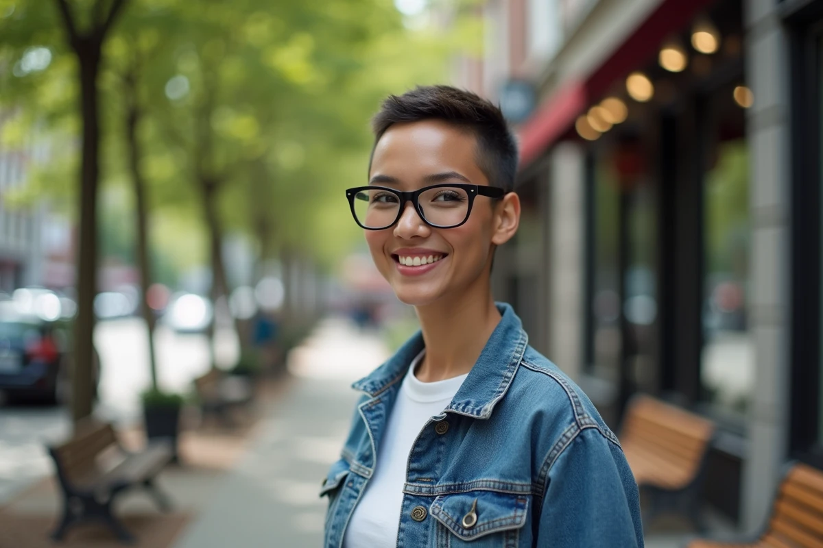 Jeune femme en denim marche en ville en plein jour