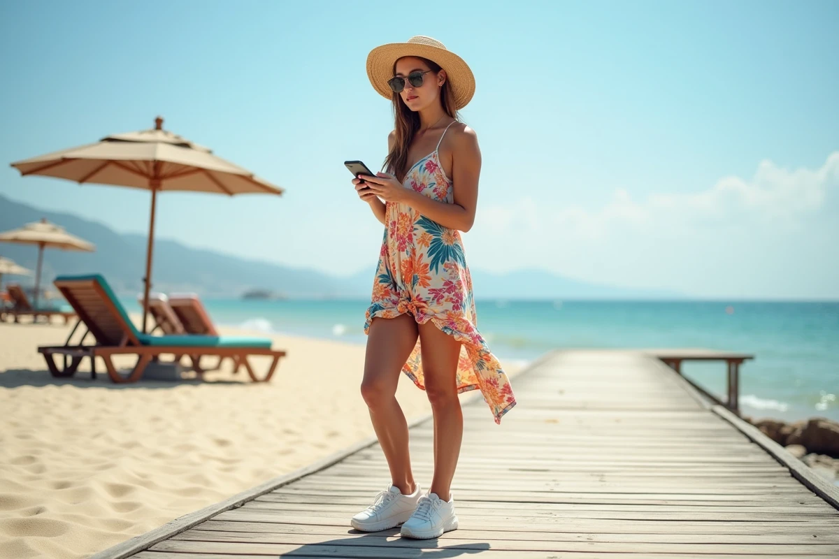 Femme en maillot et robe de plage colorée sur la promenade
