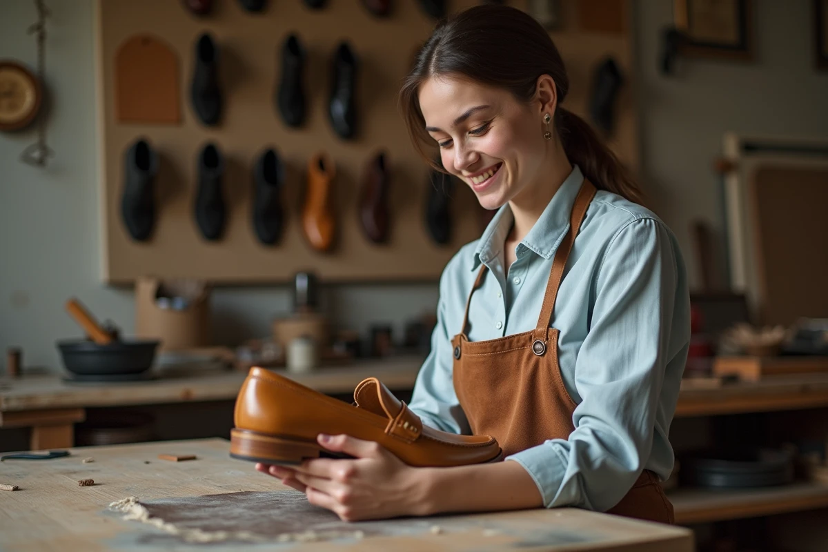Femme examinant une mocassin en cuir clair dans un atelier