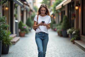 Femme souriante marchant dans une rue urbaine tranquille