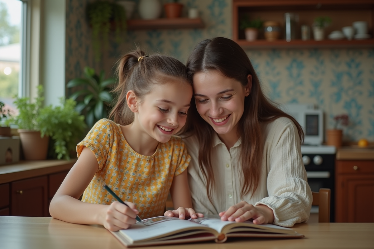 Fille et mère regardant un album photo familial
