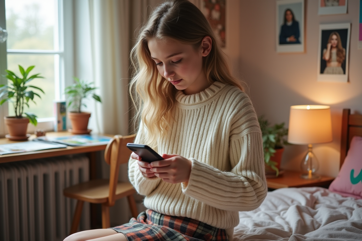 Jeune fille en pull pastel dans sa chambre cosy
