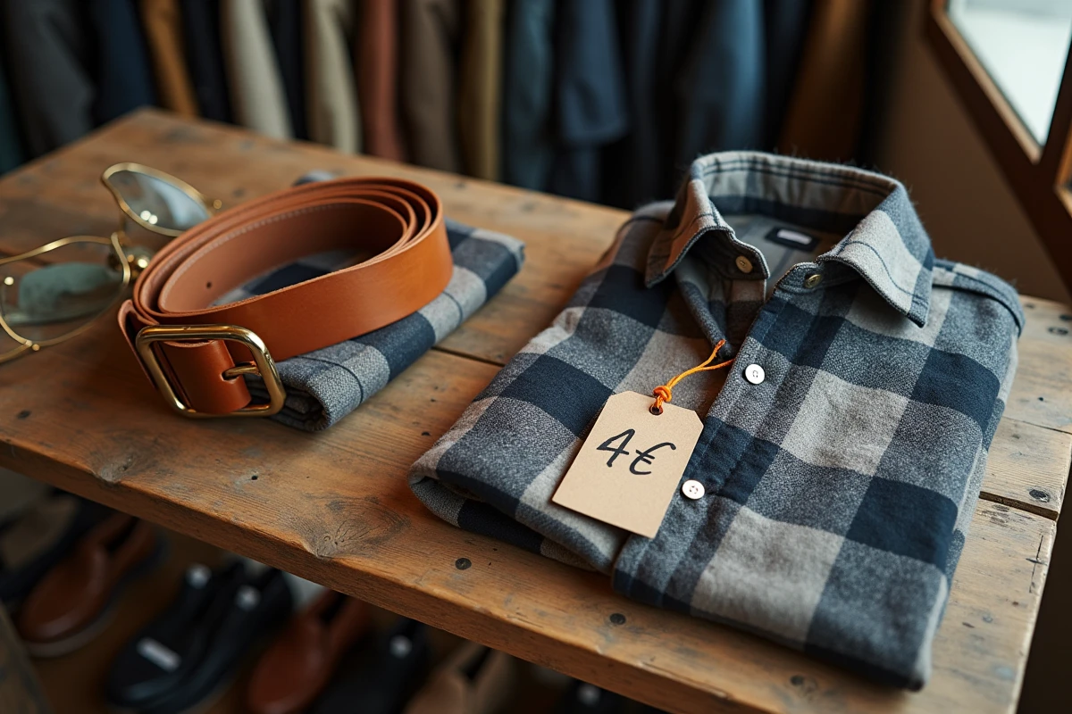 Flat lay de vêtements et accessoires de seconde main sur une table en bois avec étiquette de prix manuscrite en friperie