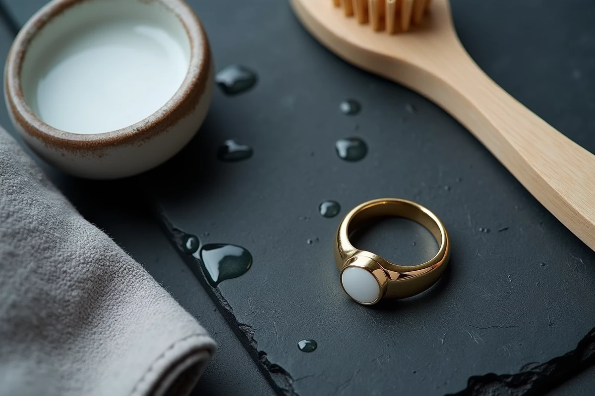 Mise à plat chevalière or blanc femme avec accessoires d'entretien sur ardoise grise