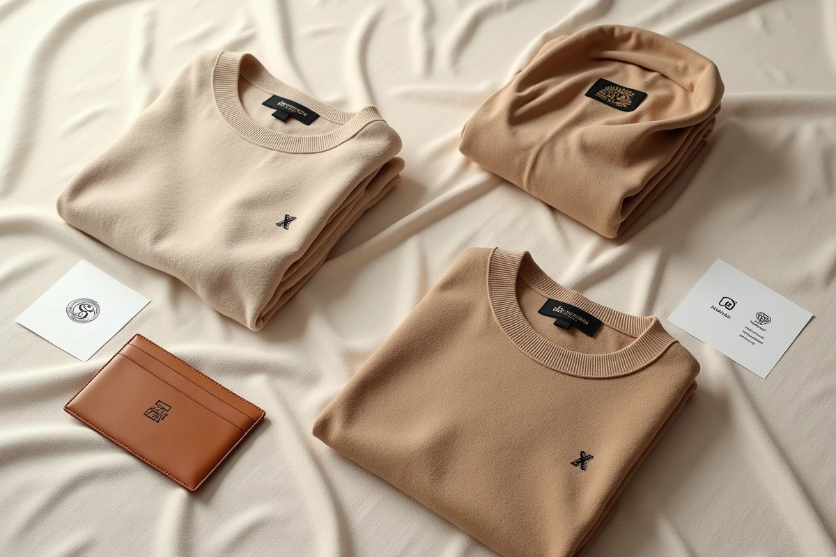 Flat-lay de vêtements et accessoires de marque inspirés du luxe avec logos et labels sur fond lin crème