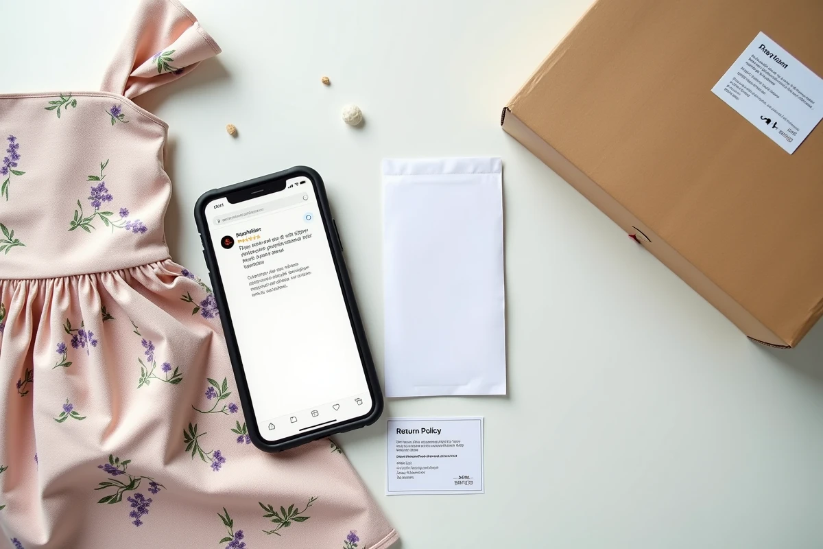 Flat lay d'une robe fleurie avec avis clients et garanties d'un site de mode en ligne français