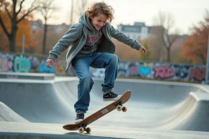 Jeune gar&ccedil;on souriant faisant un ollie en skatepark