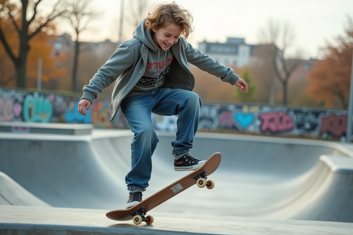 Jeune garçon souriant faisant un ollie en skatepark