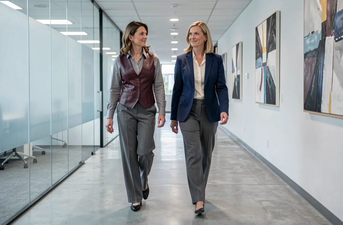 Deux femmes marchant dans un couloir de bureau, l'une portant un gilet cuir bordeaux structuré sur chemise grise, look professionnel et moderne