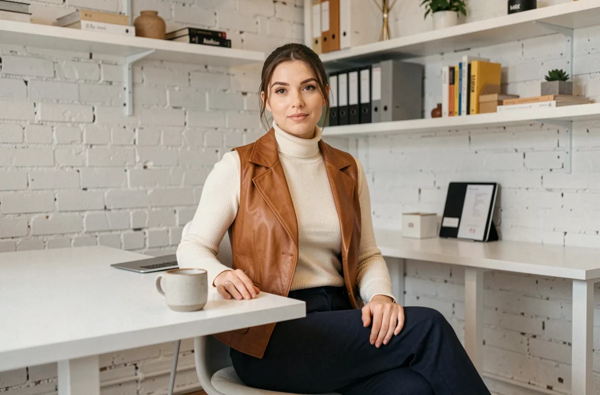 Femme assise à son bureau portant un gilet cuir cognac sur col roulé crème, style professionnel et raffiné au bureau