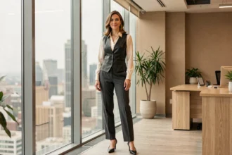Femme professionnelle portant un gilet cuir noir sur une blouse ivoire dans un bureau moderne, tenue élégante et professionnelle